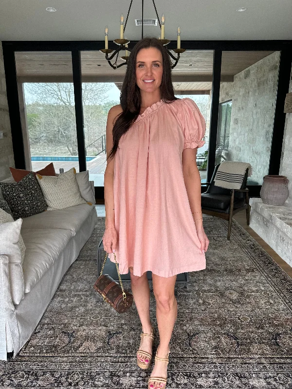 Cold Shoulder Linen Mix Ruffle Dress