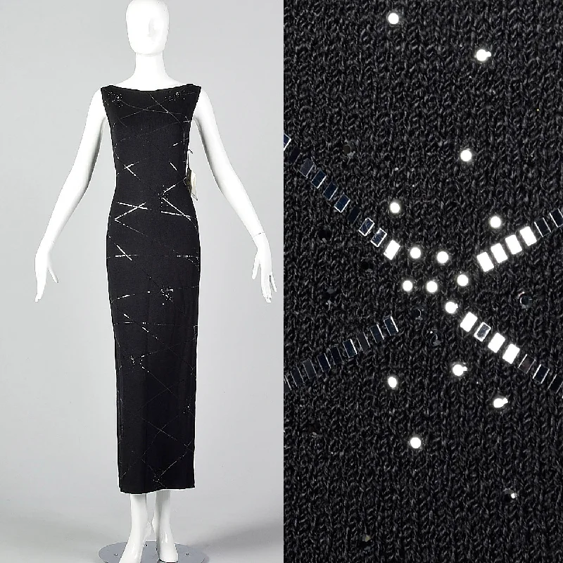 1990s St John Evening Deadstock Black Knit Dress with Sequin Trim