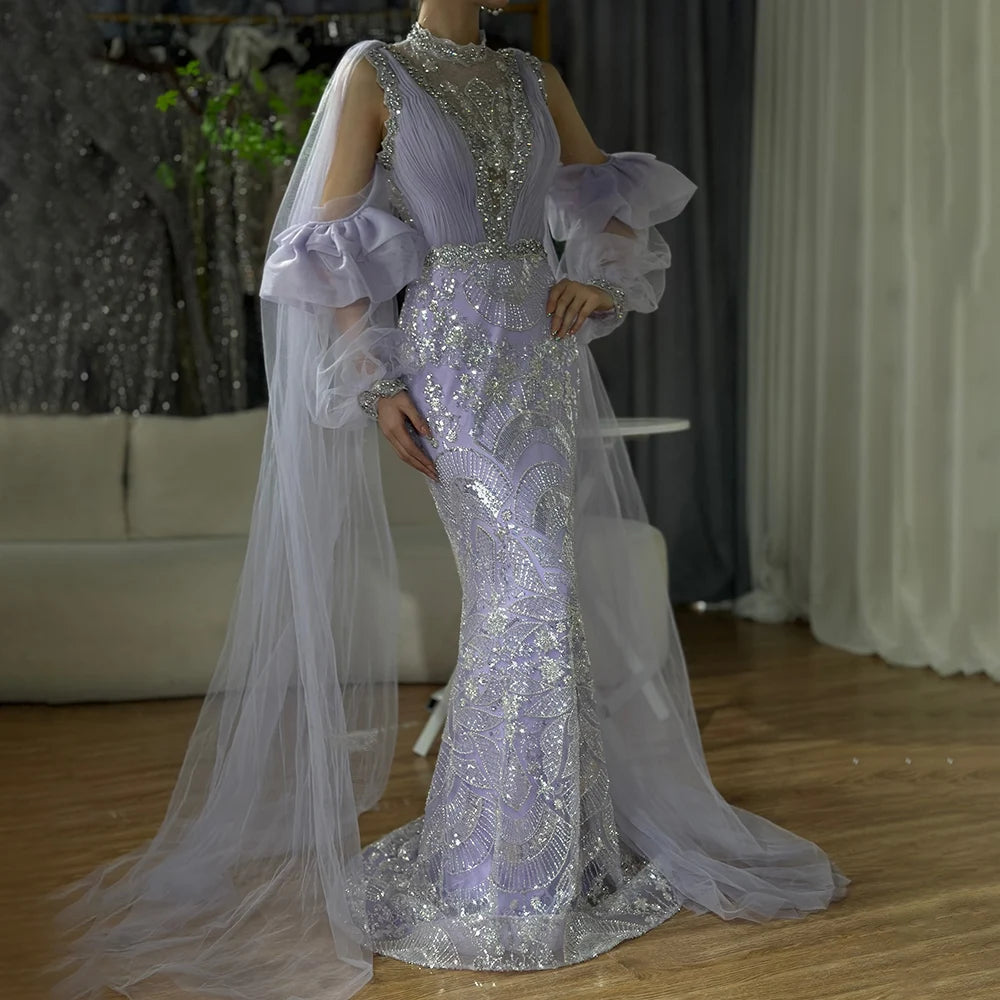 Serene Hill 2024 Arabic Lilac Mermaid Puffy Sleeves Sparkling Beaded Long Evening Dresses Gowns for Formal Occasion LA72745 Serene Hill 2024 Arabic Lilac Mermaid Puffy Sleeves Sparkling Beaded Long Evening Dresses Gowns for Formal Occasion LA72745