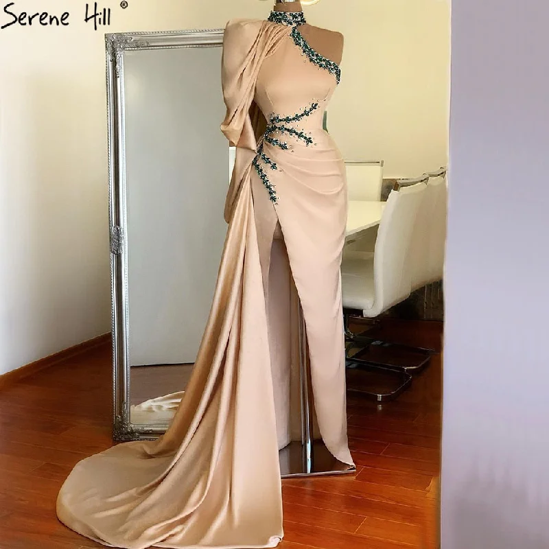 Serene Hill Designer Soft Satin Champagne One Shoulder Mermaid High Split Evening Dresses Gowns 2024 For Women Party LA70877 Serene Hill Designer Soft Satin Champagne One Shoulder Mermaid High Split Evening Dresses Gowns 2024 For Women Party LA70877