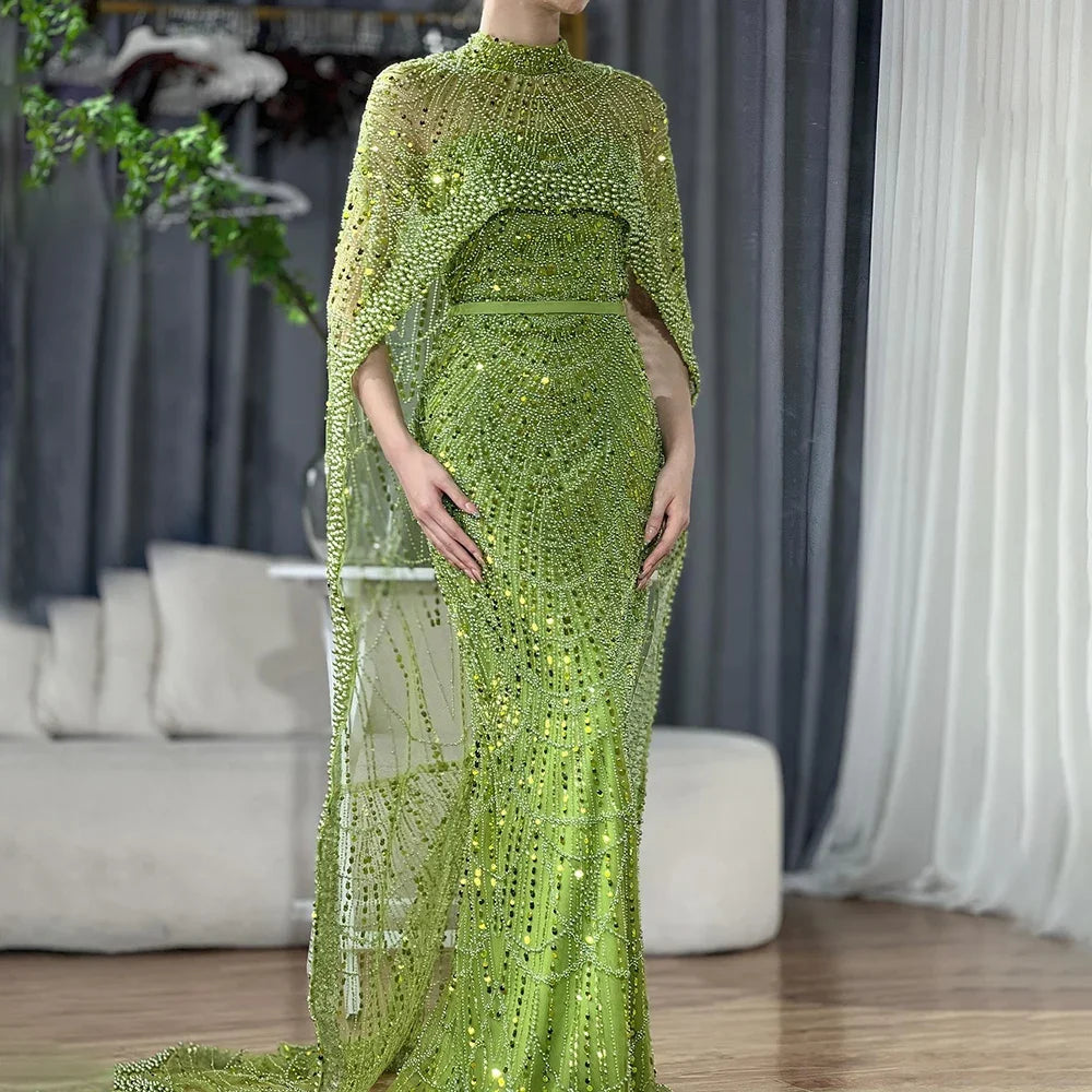 Customized Arabia Nude Mermaid Long Cape Luxury Evening Dresses Gowns 2024 For Formal Occasion LA72032 Customized