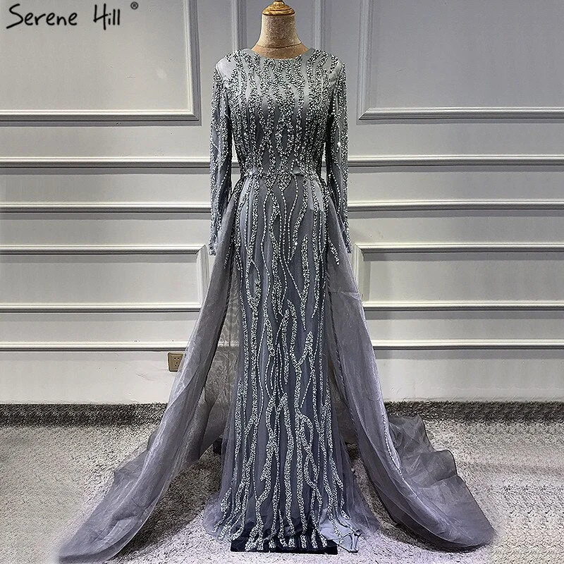 Grey Mermaid Luxury Dubai Designer Evening Dresses Beading Sequined Fashion Long Sleeves Evening Gowns 2024 Serene Hill LA6302 Grey Mermaid Luxury Dubai Designer Evening Dresses Beading Sequined Fashion Long Sleeves Evening Gowns 2024 Serene Hill LA6302