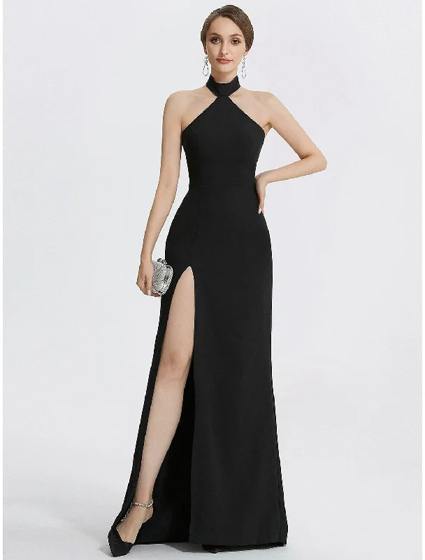Sheath / Column Evening Gown Black Dress Dress Wedding Guest Prom Floor Length Sleeveless Halter Neck Stretch Fabric with Ruched Sheath / Column Evening Gown Black Dress Dress Wedding Guest Prom Floor Length Sleeveless Halter Neck Stretch Fabric with Ruched