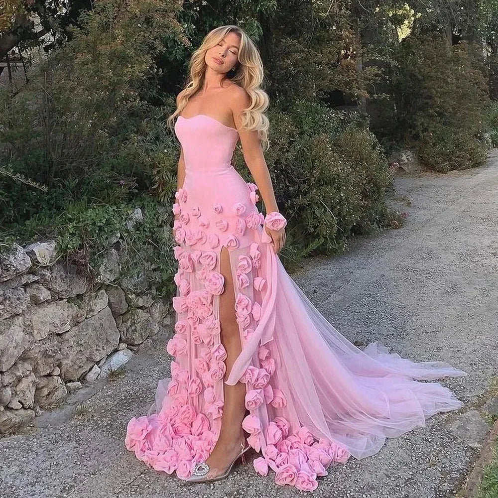 Serene Hill Mermaid Evening Dress for Girls Arabic Pink 3D Flowers Elegant Srapless Dress Side Split Prom Party Gowns LA72568 Serene Hill Mermaid Evening Dress for Girls Arabic Pink 3D Flowers Elegant Srapless Dress Side Split Prom Party Gowns LA72568