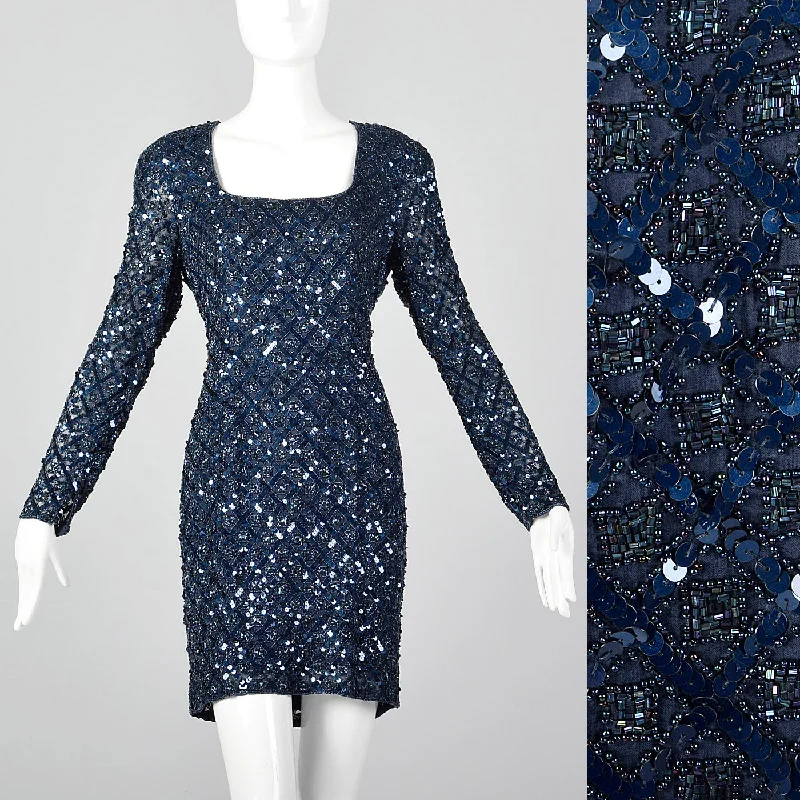 1990s Oleg Cassini Blue Beaded Cocktail Dress