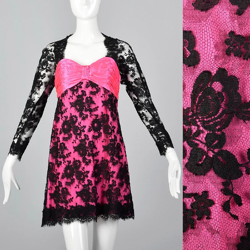 1980s Travilla Hot Pink and Black Lace Dress
