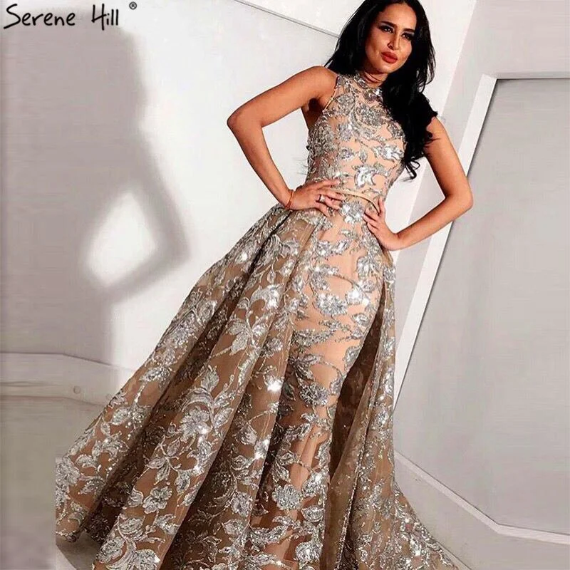 Nude Silver Sequined Sparkle Vintage Evening Dresses Halter Luxury Sexy Sleeveless Evening Gowns 2024 Serene Hill LA60877 Nude Silver Sequined Sparkle Vintage Evening Dresses Halter Luxury Sexy Sleeveless Evening Gowns 2024 Serene Hill LA60877
