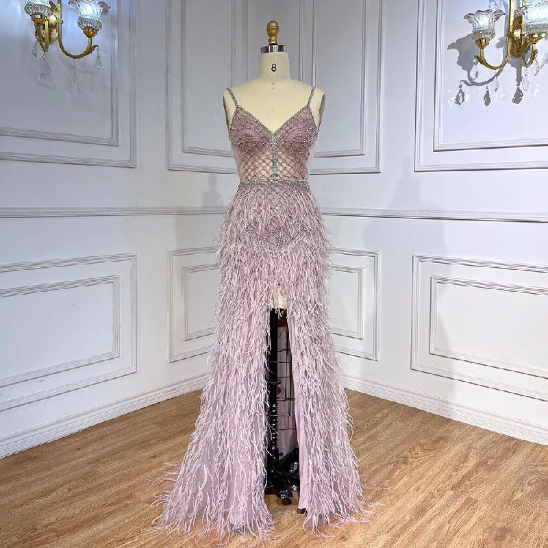 Serene Hill Arabic Pink Mermaid Split Feathers Beaded Formal Sexy Prom Dress For Women Wedding Party 2024 LA71827 Serene Hill Arabic Pink Mermaid Split Feathers Beaded Formal Sexy Prom Dress For Women Wedding Party 2024 LA71827
