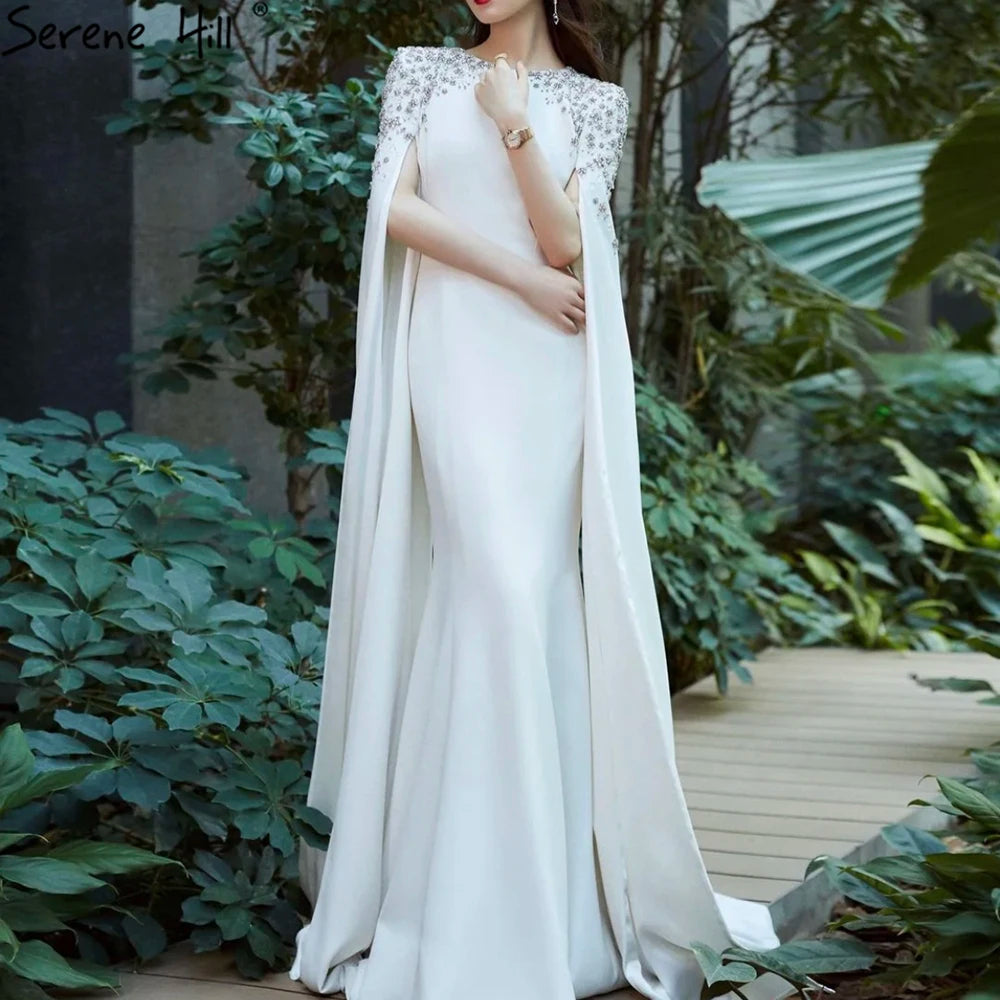 Serene Hill Green Mermaid Satin Cape Sleeves Beaded Elegant Evening Dresses Gowns 2024 For Women Party LA70934
