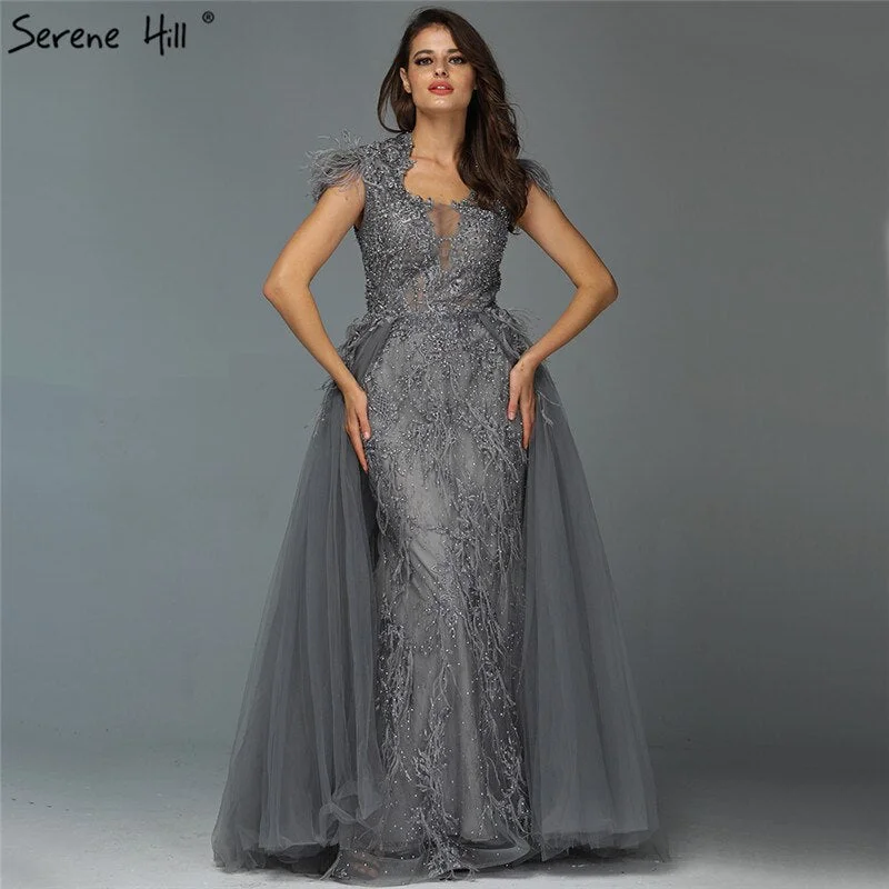 Dubai Grey Sleeveless Tulle Evening Dresses Design 2024 Crystal Feathers Luxury Formal Dress Serene Hill LA70020 Dubai Grey Sleeveless Tulle Evening Dresses Design 2024 Crystal Feathers Luxury Formal Dress Serene Hill LA70020