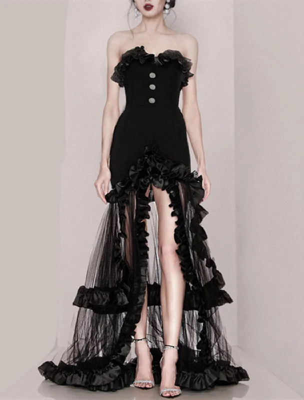 A-Line Prom Dresses Vintage Dress Party Wear Wedding Party Sweep / Brush Train Sleeveless Strapless Lace with Slit Appliques A-Line Prom Dresses Vintage Dress Party Wear Wedding Party Sweep / Brush Train Sleeveless Strapless Lace with Slit Appliques