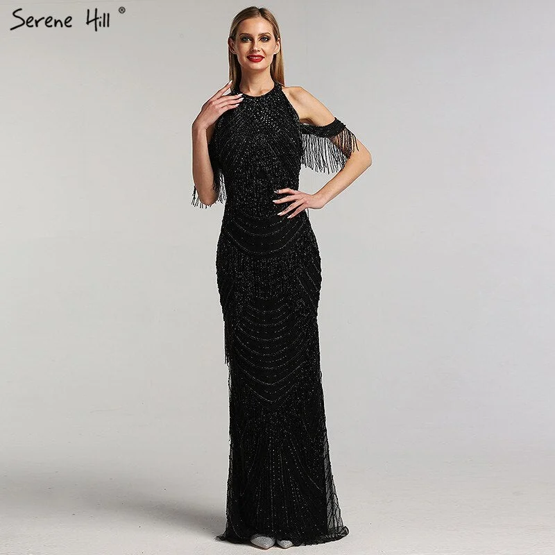 Black Halter Backless Sexy Luxury Evening Dresses 2024 Tassel Beading Sleeveless Mermaid  Formal Dress LA6229