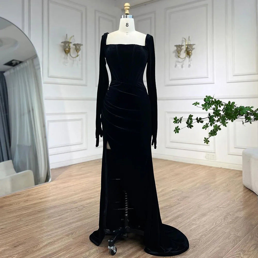 Serene Hill 2024 Arabic Black Velvet With Gloves Mermaid Luxury Dubai Evening Dresses Gowns for Women Wedding Party LA72530 Serene Hill 2024 Arabic Black Velvet With Gloves Mermaid Luxury Dubai Evening Dresses Gowns for Women Wedding Party LA72530