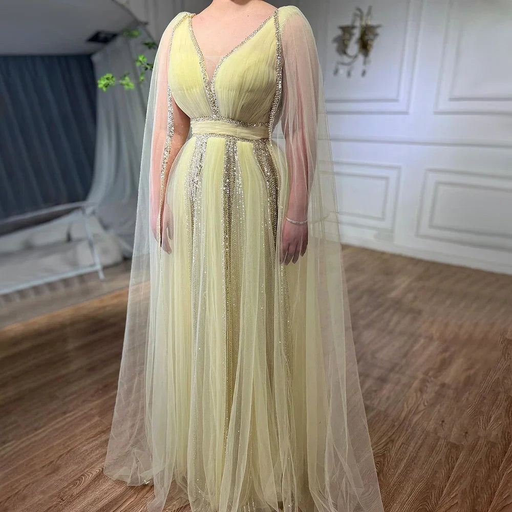 Serene Hill Arabic Yellow Cape Sleeves Luxury Dubai Evening Dresses A Line Beaded Wedding Party Gowns For Women 2024 LA72279 Serene Hill Arabic Yellow Cape Sleeves Luxury Dubai Evening Dresses A Line Beaded Wedding Party Gowns For Women 2024 LA72279