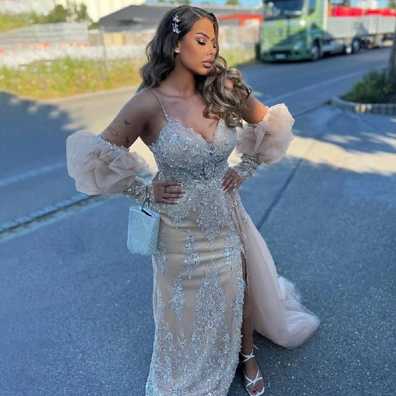 Serene Hill Champagne Mermaid Sexy Spaghetti Straps High Split Overskirt Evening Dresses Gowns Luxury Beaded 2024 LA71727 Serene Hill Champagne Mermaid Sexy Spaghetti Straps High Split Overskirt Evening Dresses Gowns Luxury Beaded 2024 LA71727