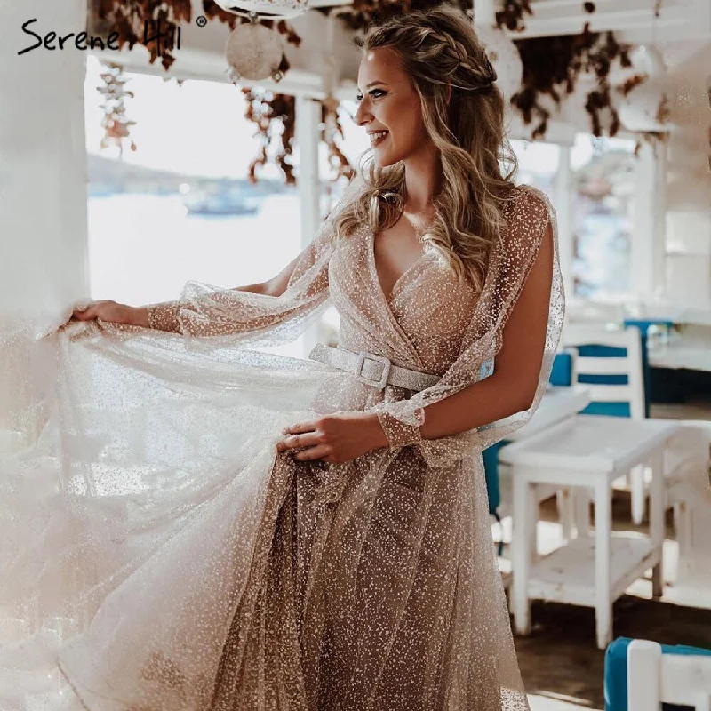 Serene Hill Champagne Latern Sleeve Evening Dresses Gowns 2024 A-Line Beaded Lace For Women Party LA71346 Serene Hill Champagne Latern Sleeve Evening Dresses Gowns 2024 A-Line Beaded Lace For Women Party LA71346