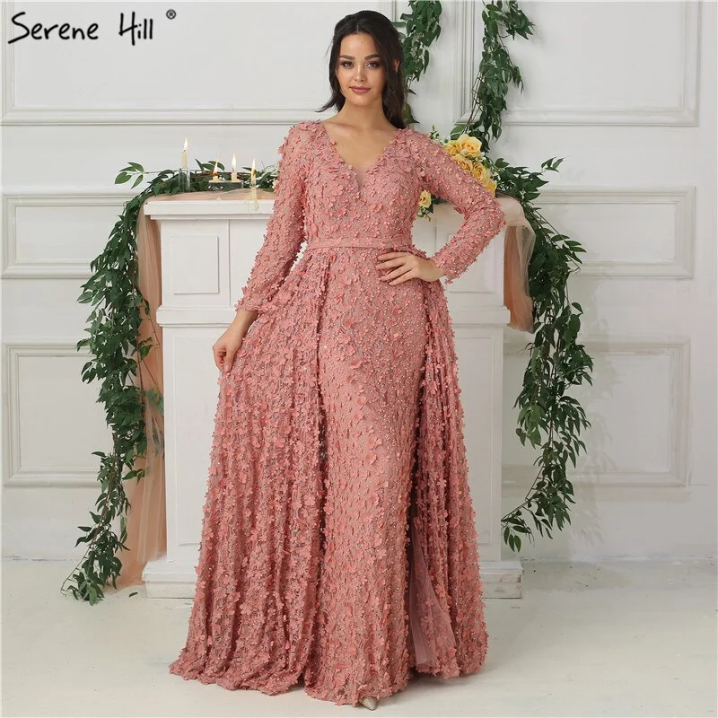 New Blush Pink Long Sleeves Evening Dresses 2024 A-Line Handmade Flowers Pearls Fashion Evening Gowns Real Photo LA6650 New Blush Pink Long Sleeves Evening Dresses 2024 A-Line Handmade Flowers Pearls Fashion Evening Gowns Real Photo LA6650