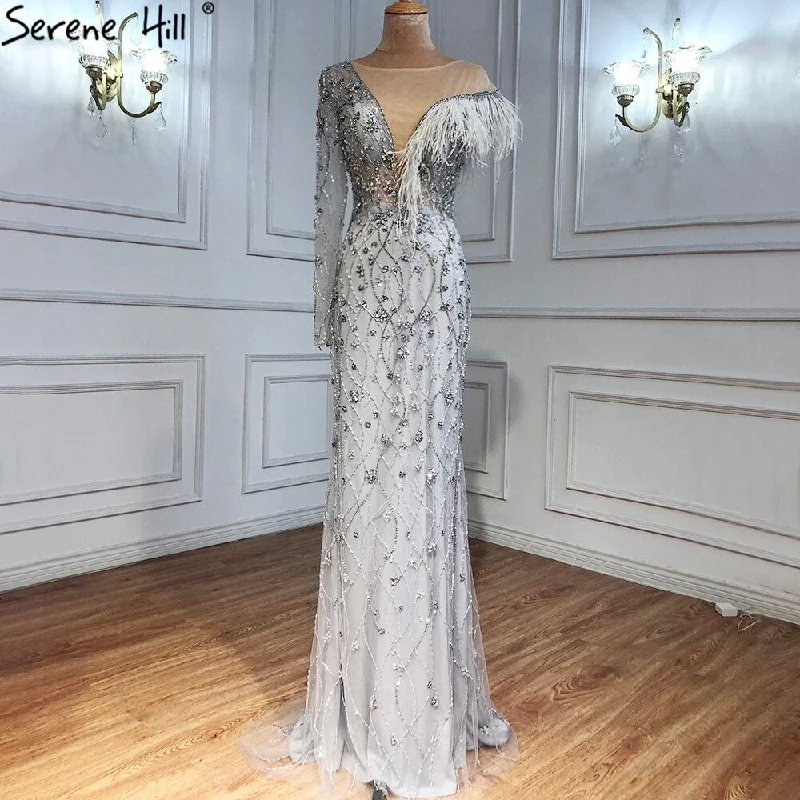Serene Hill Grey Mermaid Luxury Evening Dresses Gowns 2024 Feather Beaded Elegant For Women Party LA71174 Serene Hill Grey Mermaid Luxury Evening Dresses Gowns 2024 Feather Beaded Elegant For Women Party LA71174