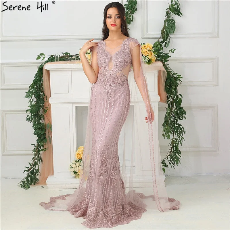 V-Neck Sleeveless Evening Dresses Mermaid Elegant Lace Pears Formal LA6595