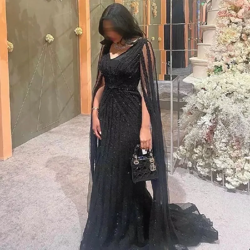 Serene Hill Black Arabic Cape Sleeves Evening Dresses Gowns 2024 Luxury Beaded A-Line For Women Party LA71889 Serene Hill Black Arabic Cape Sleeves Evening Dresses Gowns 2024 Luxury Beaded A-Line For Women Party LA71889