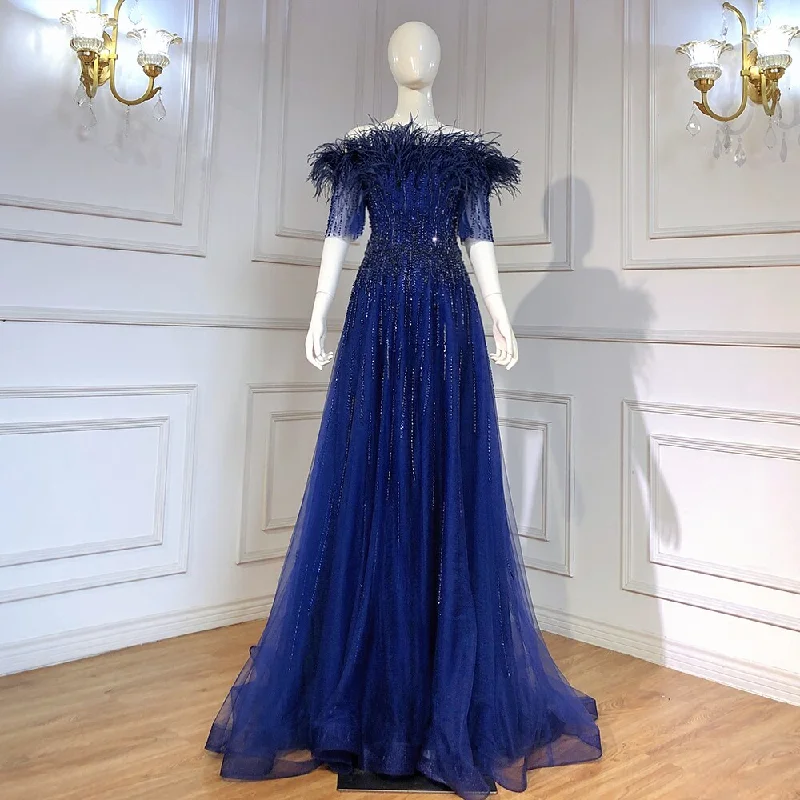 Serene Hill Blue Boat Neck Luxury Evening Dresses Gowns 2024 Short Sleeves Beaded Feather A-Line For Women Party LA71524 Serene Hill Blue Boat Neck Luxury Evening Dresses Gowns 2024 Short Sleeves Beaded Feather A-Line For Women Party LA71524