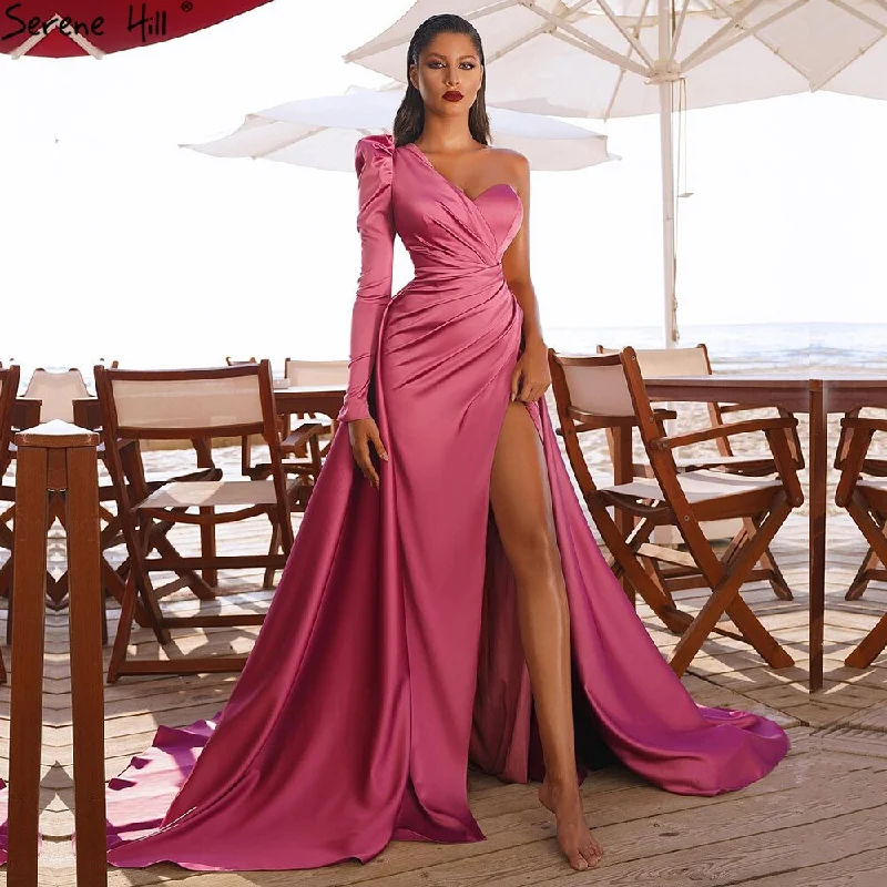 Serene Hill Rose Simple Satin Sexy Evening Dresses Gowns 2024 One Shoulder A-Line High Split For Women Party LA70876 Serene Hill Rose Simple Satin Sexy Evening Dresses Gowns 2024 One Shoulder A-Line High Split For Women Party LA70876