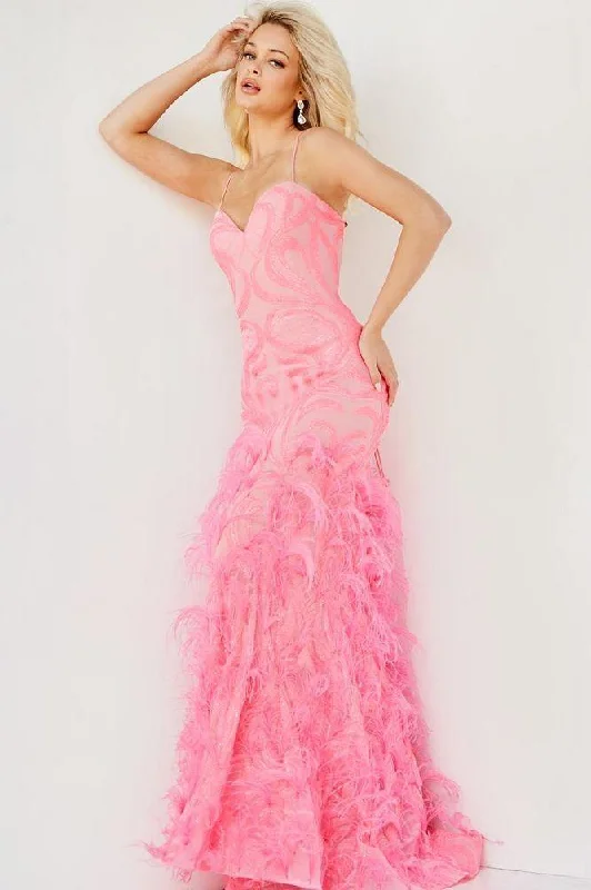JOVANI 07425 Hot Pink Sequin Sheath Dress with Feathers