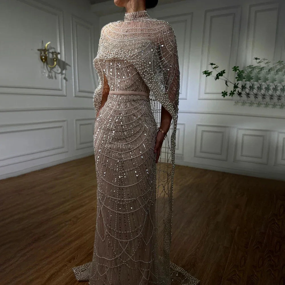 Serene Hill Dubai Arabia Nude Mermaid Long Cape Luxury Evening Dresses Gowns 2024 For Women Wedding Party LA72032 Serene Hill Dubai Arabia Nude Mermaid Long Cape Luxury Evening Dresses Gowns 2024 For Women Wedding Party LA72032