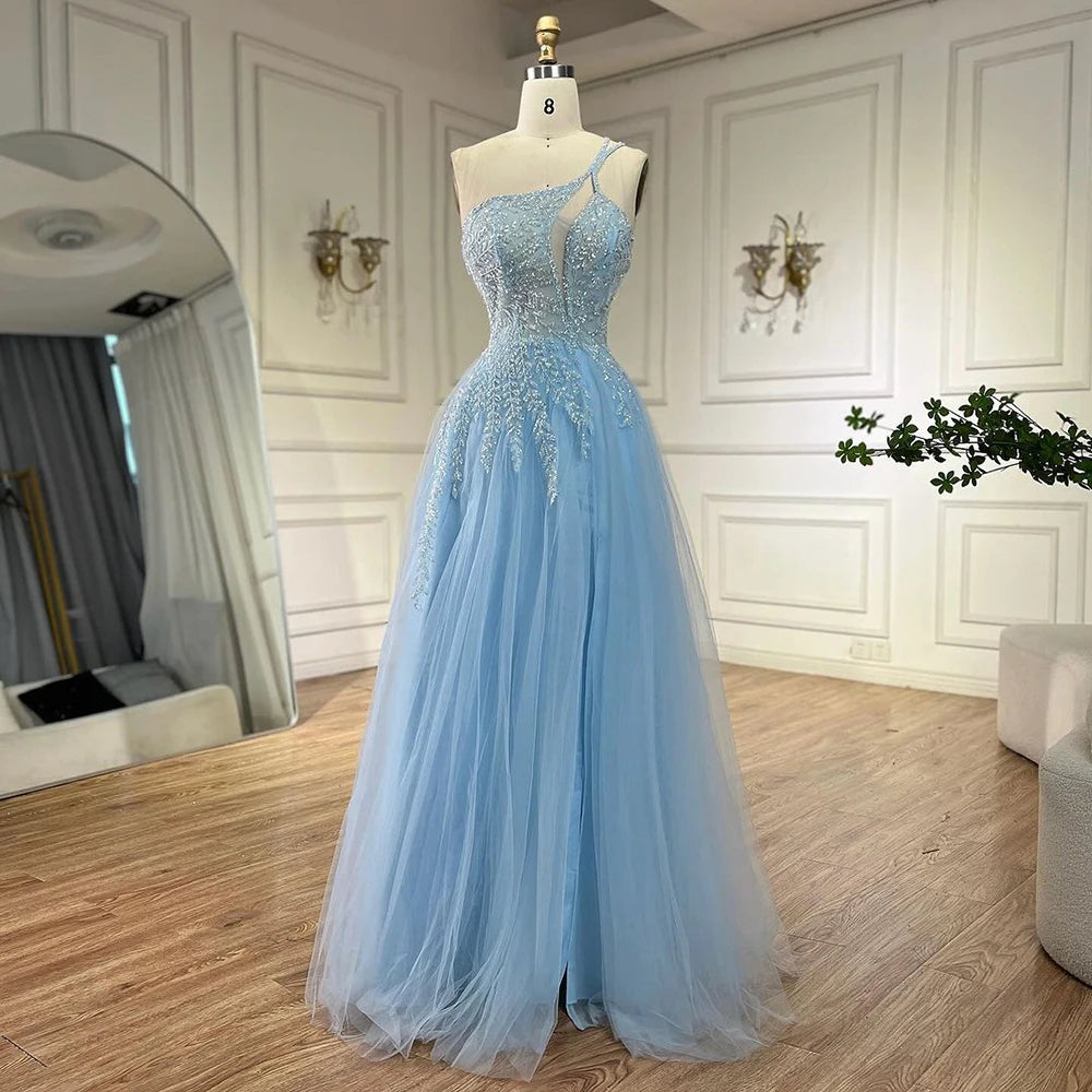 Serene Hill Arabic Blue Spaghetti Strap A Line One Shoulder Beaded Luxury Evening Dresses Gowns for Women's Party 2024 LA72589 Serene Hill Arabic Blue Spaghetti Strap A Line One Shoulder Beaded Luxury Evening Dresses Gowns for Women's Party 2024 LA72589