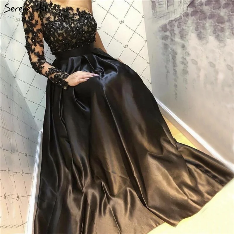 Black Off Shoulder Sexy A-Line Evening Dresses 2024 Handmade Flowers Crystal Satin Formal Dress Serene Hill LA70038 Black Off Shoulder Sexy A-Line Evening Dresses 2024 Handmade Flowers Crystal Satin Formal Dress Serene Hill LA70038