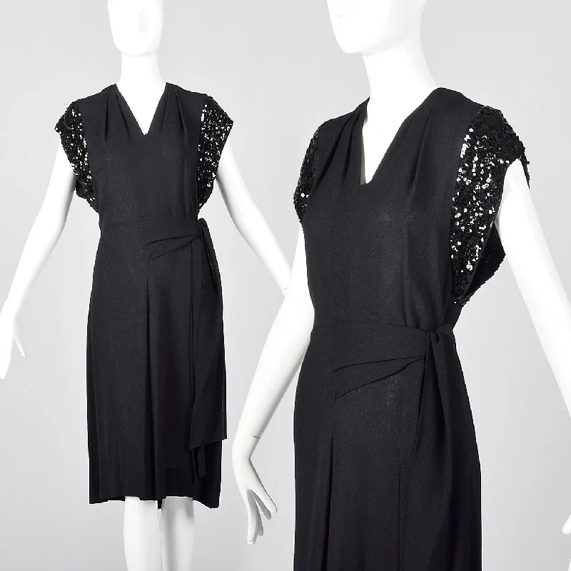 1940s Black Rayon Dress with Sequin Sleeves