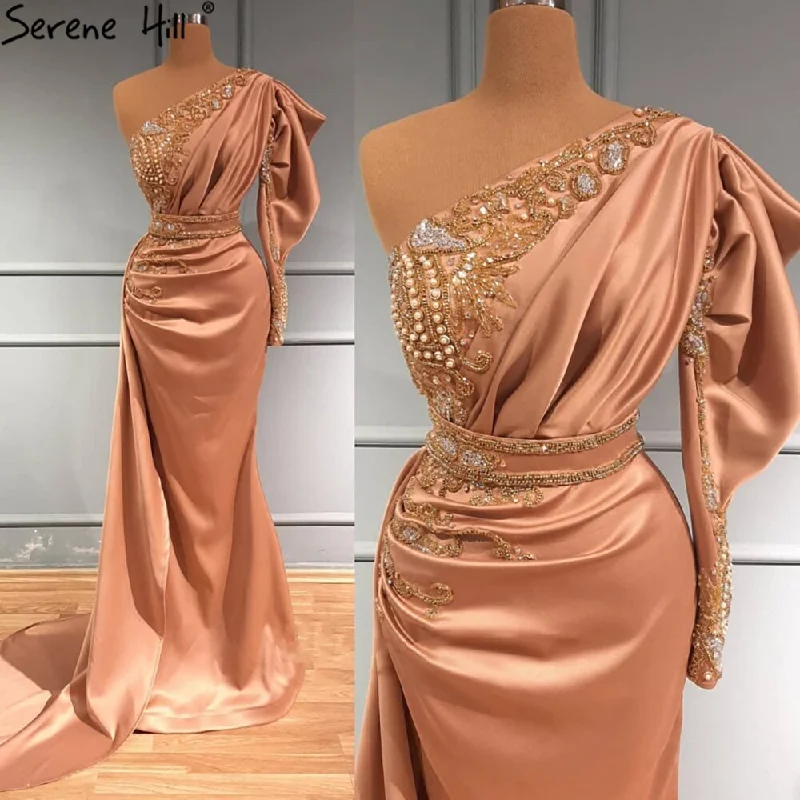 Serene Hill Blush Pink Mermiad Satin Evening Dresses Gowns 2024 One Shoulder Elegant Beaded For Women Party LA71200 Serene Hill Blush Pink Mermiad Satin Evening Dresses Gowns 2024 One Shoulder Elegant Beaded For Women Party LA71200