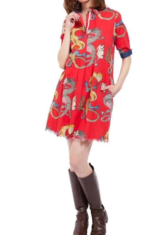 Chatham Dress In Red Ground Dragon Print