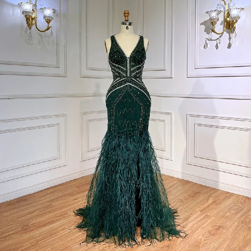 Serene Hill Green Sexy Mermaid Split Feathers Beaded Formal Arabic Luxury Prom Dress For Women Party 2024 LA71845 Serene Hill Green Sexy Mermaid Split Feathers Beaded Formal Arabic Luxury Prom Dress For Women Party 2024 LA71845