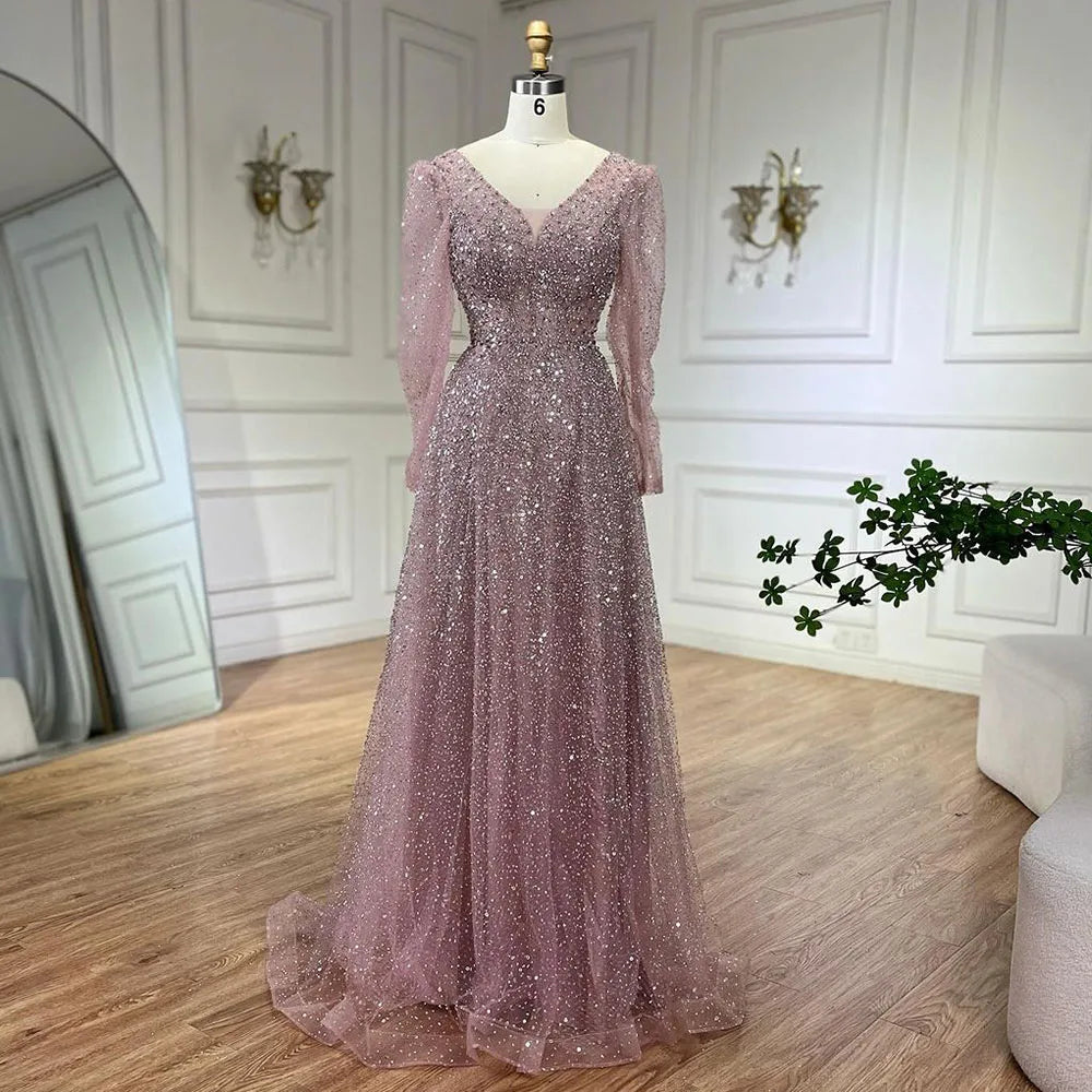 Serene Hill Arabic Pink A Line Elegant Long Sleeves Luxury Beaded Evening Dresses Gowns for Women Wedding Party 2024 LA72521 Serene Hill Arabic Pink A Line Elegant Long Sleeves Luxury Beaded Evening Dresses Gowns for Women Wedding Party 2024 LA72521