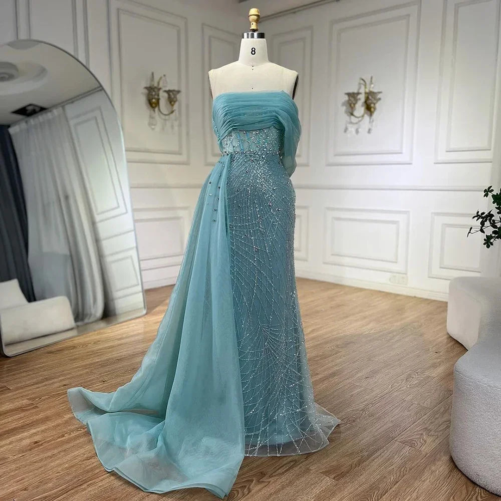 Serene Hill Turquoise Luxury Evening Dress Side Train Pearls One Shoulder for Women's Formal Wedding Party Gowns LA72523 Serene Hill Turquoise Luxury Evening Dress Side Train Pearls One Shoulder for Women's Formal Wedding Party Gowns LA72523