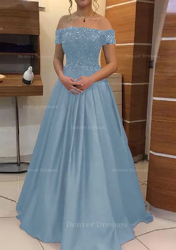 A-line/Princess Off-the-Shoulder Sleeveless Long/Floor-Length Elastic Satin Prom Dress With Lace Pleated A-line/Princess Off-the-Shoulder Sleeveless Long/Floor-Length Elastic Satin Prom Dress With Lace Pleated