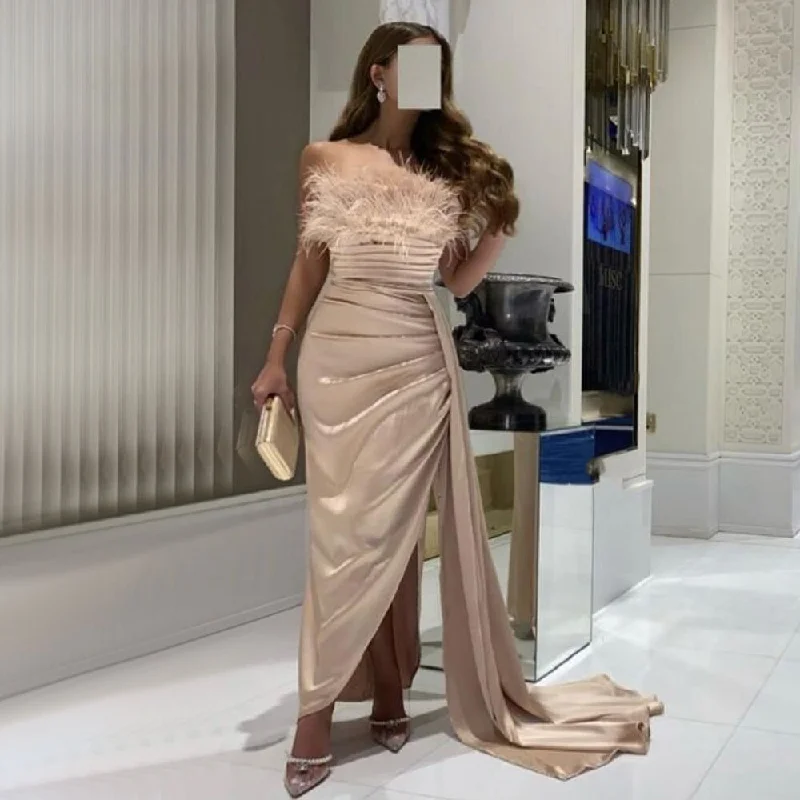 Serene Hill Satin With Skirt Mermaid Sexy Strapless Elegant Feather Evening Dresses Gowns 2024 For Women Arabic Party LA71854
