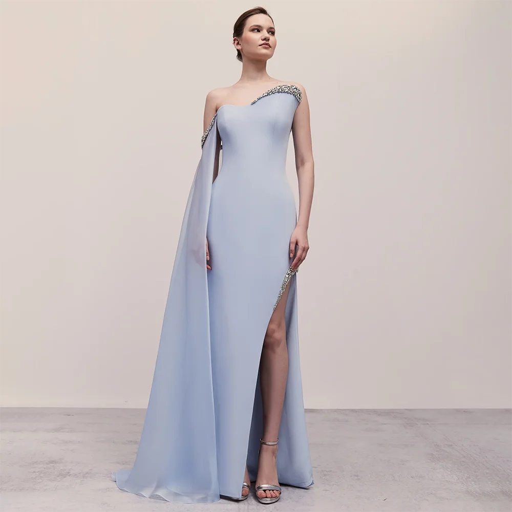 SERENE HILL Blue Satin Mermaid One Shoulder Elegant Cape Sleeve Beaded Evening Dress Women's Party Gown with High Split LA72504 SERENE HILL Blue Satin Mermaid One Shoulder Elegant Cape Sleeve Beaded Evening Dress Women's Party Gown with High Split LA72504