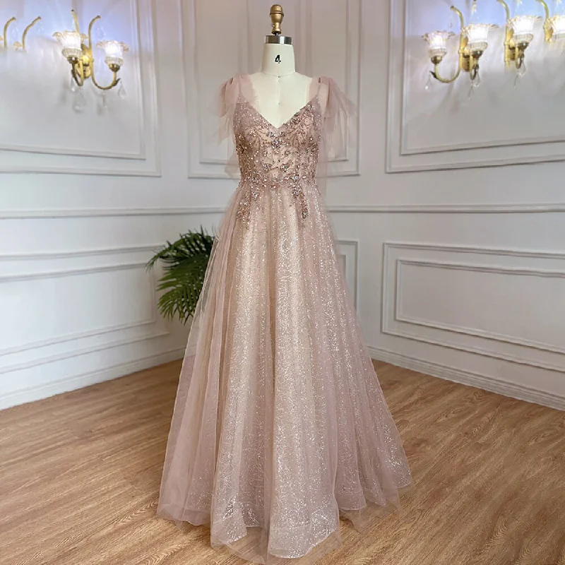 Serene Hill Arabic Pink A-Line Sexy V Neck Beaded Luxury Dubai Long Prom Dress 2024 Gowns For Women Party LA71904 Serene Hill Arabic Pink A-Line Sexy V Neck Beaded Luxury Dubai Long Prom Dress 2024 Gowns For Women Party LA71904