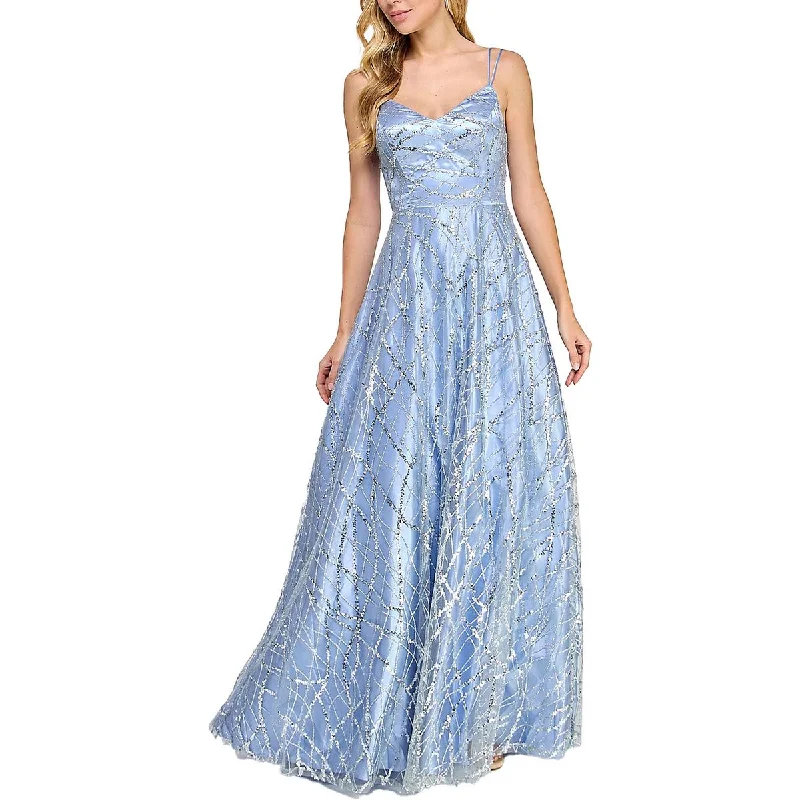 Juniors Womens Satin Embellished Evening Dress