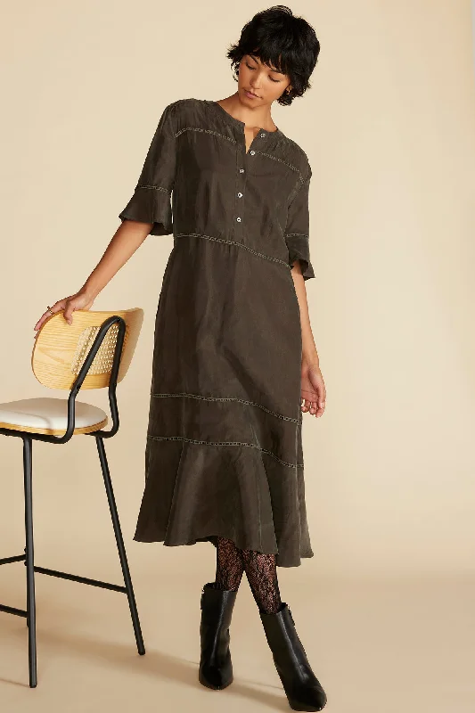 Adaline Embroidered Cupro Dress - Olive Green