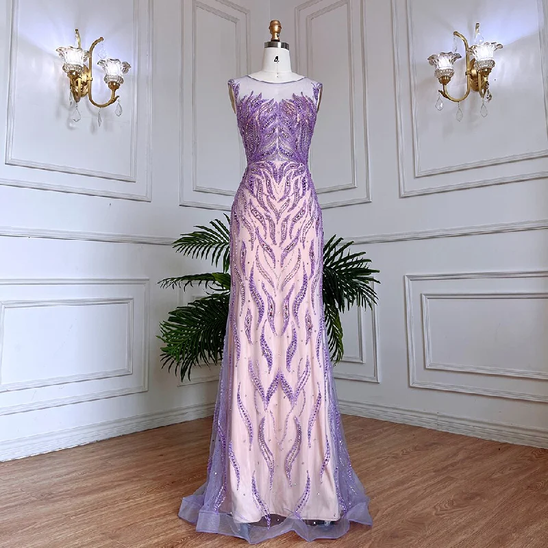 Serene Hill Arabic Lilac Mermaid Elegant Beaded Luxury Dubai Long Evening Dresses Gowns For Women Wedding Party 2024 LA71962