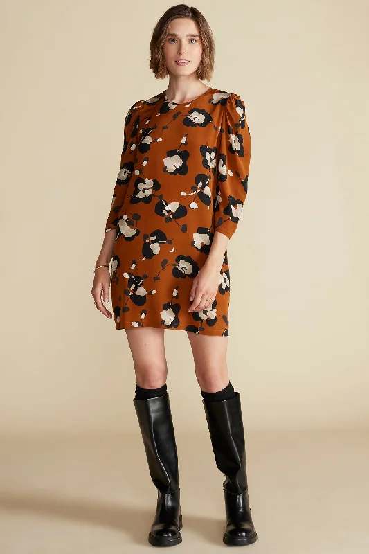 Darla Washable Silk Dress - Almond Brown Pensee Floral Print