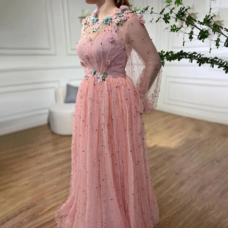 Serene Hill Pink A Line O Neck Long Sleeve Dubai Evening Dresses Design 2024 Handmade Flowers Pearls Evening Gowns LA60766 Serene Hill Pink A Line O Neck Long Sleeve Dubai Evening Dresses Design 2024 Handmade Flowers Pearls Evening Gowns LA60766