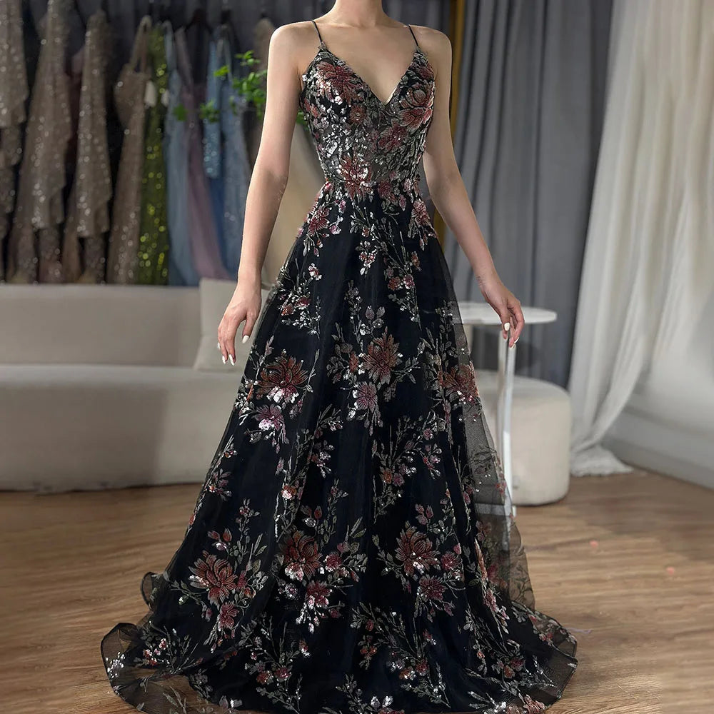 Serene Hill 2024 Spaghetti Strap A-Line Black Beaded Luxury Prom Dress for Formal Occasion Saudi Arabic LA72773 Serene Hill 2024 Spaghetti Strap A-Line Black Beaded Luxury Prom Dress for Formal Occasion Saudi Arabic LA72773
