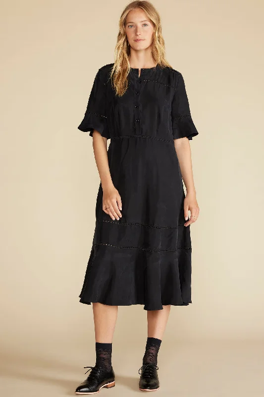 Adaline Embroidered Cupro Dress - Black