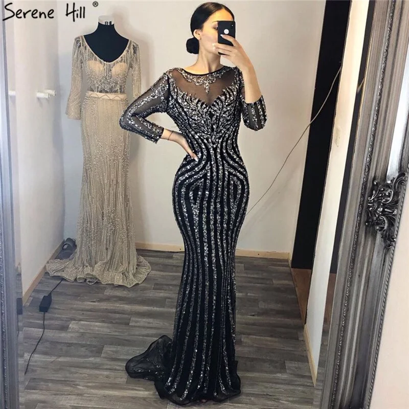 Grey Luxury Long Sleeves Sparkly Evening Dresses Mermaid Sexy Diamond Beading Formal Dress 2024 Real Photo LA6591 Grey Luxury Long Sleeves Sparkly Evening Dresses Mermaid Sexy Diamond Beading Formal Dress 2024 Real Photo LA6591