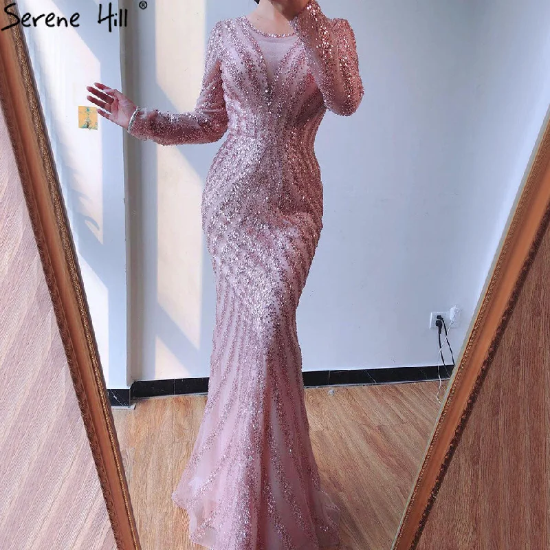 Luxury Pink O-Neck Mermaid Evening Dresses 2024 Dubai Long Sleeves Glitter Evening Gown Serene Hill LA70248 Luxury Pink O-Neck Mermaid Evening Dresses 2024 Dubai Long Sleeves Glitter Evening Gown Serene Hill LA70248
