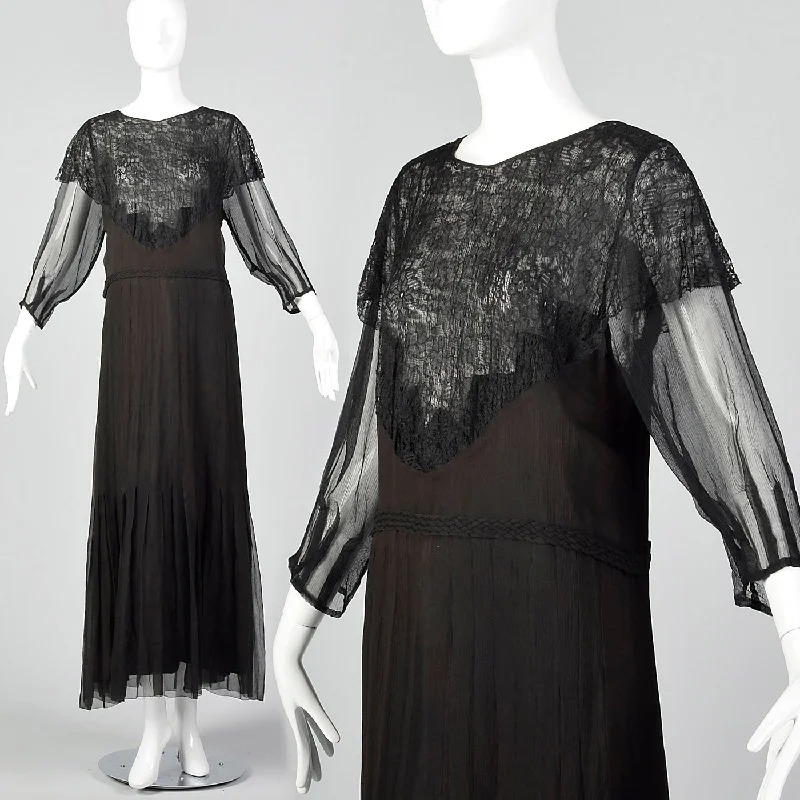 1930s Black Silk Dress with Sheer Lace Bust Panel